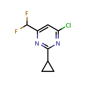 Chemical structure of 4-chloro-2-cyclopropyl-6-(difluoromethyl)pyrimidine , CAS 2032371-80-3, AChemBlock AD245706