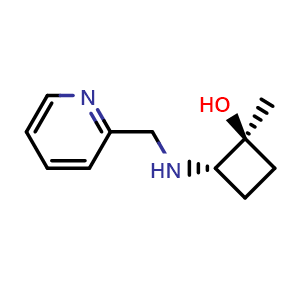 Chemical structure of (1S,2S)-1-methyl-2-{[(pyridin-2-yl)methyl]amino}cyclobutan-1-ol , CAS 2303549-23-5, AChemBlock AD245743
