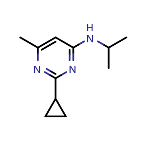 Chemical structure of 2-cyclopropyl-6-methyl-N-(propan-2-yl)pyrimidin-4-amine , CAS 1870243-54-1, AChemBlock AD245765