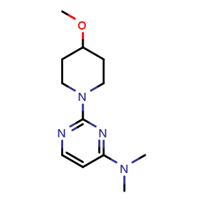 Chemical structure of 2-(4-methoxypiperidin-1-yl)-N,N-dimethylpyrimidin-4-amine , CAS 2649322-83-6, AChemBlock AD245766