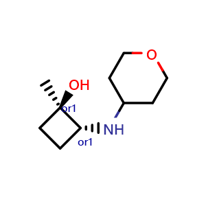 Chemical structure of trans-1-methyl-2-[(oxan-4-yl)amino]cyclobutan-1-ol , CAS 2413365-32-7, AChemBlock AD245768