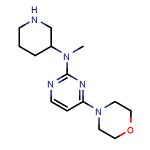 Chemical structure of N-methyl-4-(morpholin-4-yl)-N-(piperidin-3-yl)pyrimidin-2-amine , CAS 3026690-58-1, AChemBlock AD245850