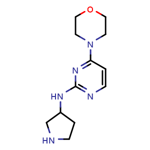 Chemical structure of 4-(morpholin-4-yl)-N-(pyrrolidin-3-yl)pyrimidin-2-amine , CAS 2423856-95-3, AChemBlock AD245852