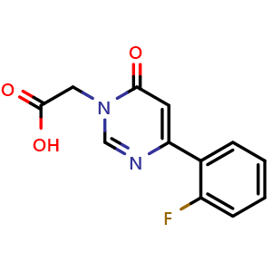 Chemical structure of 2-[4-(2-fluorophenyl)-6-oxo-1,6-dihydropyrimidin-1-yl]acetic acid , CAS 2803477-06-5, AChemBlock AD245854
