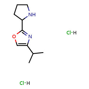 Chemical structure of 4-(propan-2-yl)-2-(pyrrolidin-2-yl)-1,3-oxazole dihydrochloride , CAS 2097897-75-9, AChemBlock AD245900