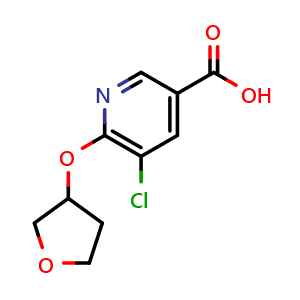 Chemical structure of 5-chloro-6-(oxolan-3-yloxy)pyridine-3-carboxylic acid , CAS 1342733-18-9, AChemBlock AD245930