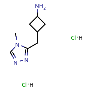 Chemical structure of 3-[(4-methyl-4H-1,2,4-triazol-3-yl)methyl]cyclobutan-1-amine dihydrochloride , CAS 2415263-10-2, AChemBlock AD245968