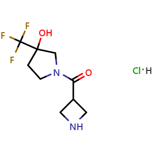 Chemical structure of 1-(azetidine-3-carbonyl)-3-(trifluoromethyl)pyrrolidin-3-ol hydrochloride , CAS 1838897-64-5, AChemBlock AD245985