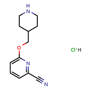 Chemical structure of 6-[(piperidin-4-yl)methoxy]pyridine-2-carbonitrile hydrochloride , CAS 2097937-50-1, AChemBlock AD246018