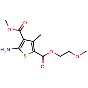 Chemical structure of 2-(2-methoxyethyl) 4-methyl 5-amino-3-methylthiophene-2,4-dicarboxylate , CAS 670271-10-0, AChemBlock AD246037