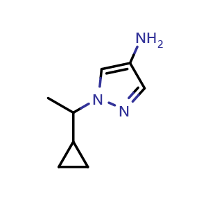 Chemical structure of 1-(1-cyclopropylethyl)-1H-pyrazol-4-amine , CAS 1251266-33-7, AChemBlock AD246055