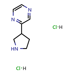 Chemical structure of 2-(pyrrolidin-3-yl)pyrazine dihydrochloride , CAS 1402672-73-4, AChemBlock AD246078