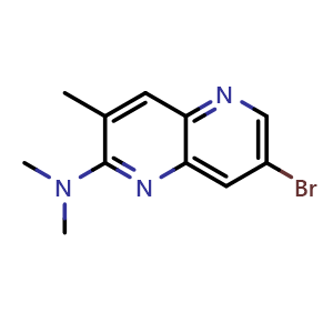 Chemical structure of 7-bromo-N,N,3-trimethyl-1,5-naphthyridin-2-amine , CAS 2256060-16-7, AChemBlock AD246208
