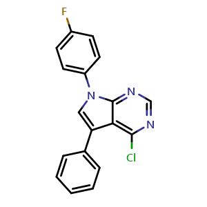 Chemical structure of 4-Chloro-7-(4-fluoro-phenyl)-5-phenyl-7H-pyrrolo[2,3-d]pyrimidine , CAS 243665-99-8, AChemBlock AD246234