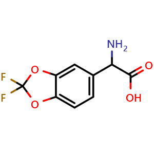 Chemical structure of 2-amino-2-(2,2-difluoro-2H-1,3-benzodioxol-5-yl)acetic acid , CAS 183553-65-3, AChemBlock AD246265