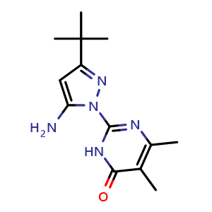 Chemical structure of 2-(5-amino-3-tert-Butyl-1H-pyrazol-1-yl)-5,6-dimethylpyrimidin-4(3H)-one , CAS 1172758-99-4, AChemBlock AD246290