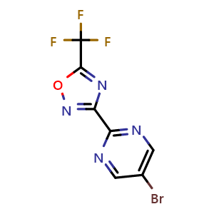 Chemical structure of 5-bromo-2-[5-(trifluoromethyl)-1,2,4-oxadiazol-3-yl]pyrimidine , CAS 2097965-28-9, AChemBlock AD246310