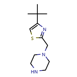 Chemical structure of 1-[(4-tert-Butyl-1,3-thiazol-2-yl)methyl]piperazine , CAS 1083201-70-0, AChemBlock AD246319
