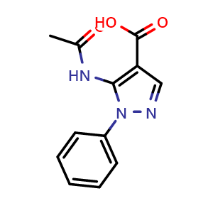 Chemical structure of 5-(acetylamino)-1-phenyl-1H-pyrazole-4-carboxylic acid , CAS 51649-69-5, AChemBlock AD246325