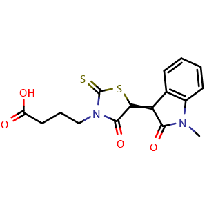 Chemical structure of 4-(5-(1-methyl-2-oxoindolin-3-ylidene)-4-oxo-2-thioxothiazolidin-3-yl)butanoic acid , CAS 306322-03-2, AChemBlock AD246353
