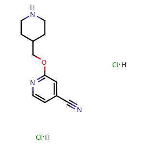 Chemical structure of 2-[(piperidin-4-yl)methoxy]pyridine-4-carbonitrile dihydrochloride , CAS 2097936-58-6, AChemBlock AD246370