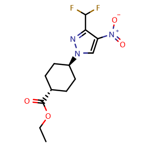 Chemical structure of ethyl trans-4-[3-(difluoromethyl)-4-nitro-pyrazol-1-yl]cyclohexanecarboxylate , CAS 2750903-83-2, AChemBlock AD246389