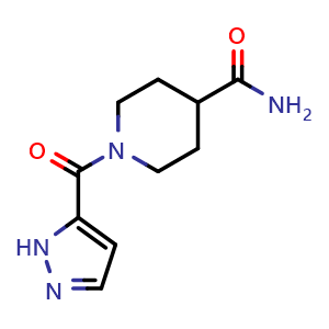 Chemical structure of 1-(1H-pyrazole-5-carbonyl)piperidine-4-carboxamide , CAS 2168780-27-4, AChemBlock AD246399