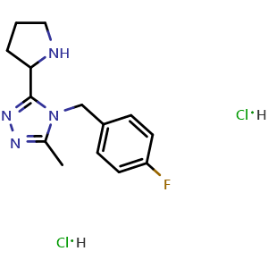 Chemical structure of 4-[(4-fluorophenyl)methyl]-3-methyl-5-(pyrrolidin-2-yl)-4H-1,2,4-triazole dihydrochloride , CAS 3037693-28-7, AChemBlock AD246400