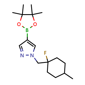 Chemical structure of 1-[(1-fluoro-4-methylcyclohexyl)methyl]-4-(4,4,5,5-tetramethyl-1,3,2-dioxaborolan-2-yl)-1H-pyrazole , AChemBlock AD246407