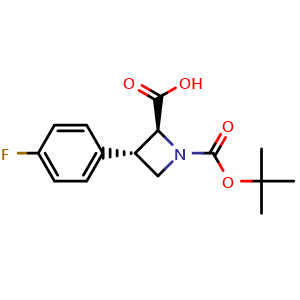 Chemical structure of (2S,3S)-1-tert-butoxycarbonyl-3-(4-fluorophenyl)azetidine-2-carboxylic acid , CAS 2816820-34-3, AChemBlock AD246414