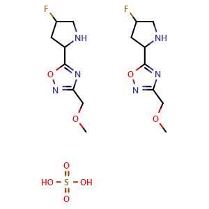 Chemical structure of 1,2,4-Oxadiazole, 5-(4-fluoro-2-pyrrolidinyl)-3-(methoxymethyl)-, sulfate (2:1) , CAS 2097936-55-3, AChemBlock AD246472