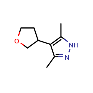 Chemical structure of 3,5-dimethyl-4-(oxolan-3-yl)-1H-pyrazole , CAS 2097866-33-4, AChemBlock AD246489