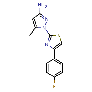 Chemical structure of 1-[4-(4-fluorophenyl)-1,3-thiazol-2-yl]-5-methyl-1H-pyrazol-3-amine , CAS 2097935-96-9, AChemBlock AD246496