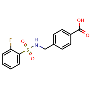 Chemical structure of 4-(((2-fluorophenyl)sulfonamido)methyl)benzoic acid , CAS 885268-88-2, AChemBlock AD246524