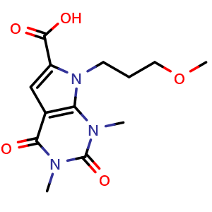 Chemical structure of 7-(3-methoxypropyl)-1,3-dimethyl-2,4-dioxo-2,3,4,7-tetrahydro-1H-pyrrolo[2,3-d]pyrimidine-6-carboxylic acid , CAS 1086386-36-8, AChemBlock AD246542