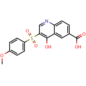 Chemical structure of 4-hydroxy-3-(4-methoxybenzenesulfonyl)quinoline-6-carboxylic acid , CAS 2755644-55-2, AChemBlock AD246553