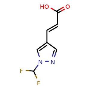 Chemical structure of (2E)-3-[1-(difluoromethyl)-1H-pyrazol-4-yl]prop-2-enoic acid , CAS 2089546-86-9, AChemBlock AD246574