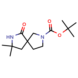 Chemical structure of tert-butyl 3,3-dimethyl-1-oxo-2,7-diazaspiro[4.4]nonane-7-carboxylate , CAS 2940937-87-9, AChemBlock AD246590