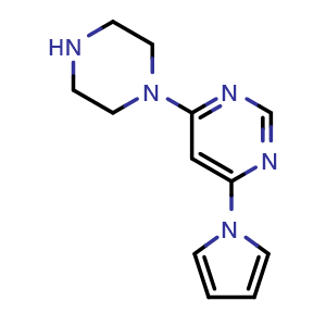 Chemical structure of 4-(piperazin-1-yl)-6-(1H-pyrrol-1-yl)pyrimidine , CAS 2095409-39-3, AChemBlock AD246611
