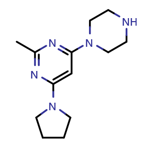 Chemical structure of 2-methyl-4-(piperazin-1-yl)-6-(pyrrolidin-1-yl)pyrimidine , CAS 1706447-61-1, AChemBlock AD246633