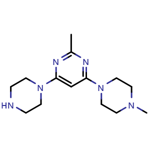 Chemical structure of 2-methyl-4-(4-methylpiperazin-1-yl)-6-(piperazin-1-yl)pyrimidine , CAS 1706457-43-3, AChemBlock AD246634