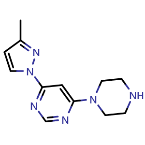 Chemical structure of 4-(3-methyl-1H-pyrazol-1-yl)-6-(piperazin-1-yl)pyrimidine , CAS 1706454-54-7, AChemBlock AD246635