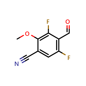 Chemical structure of 3,5-difluoro-4-formyl-2-methoxybenzonitrile , CAS 2288710-49-4, AChemBlock AD246656