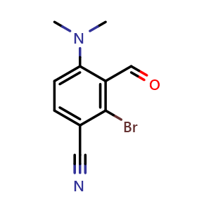 Chemical structure of 2-bromo-4-(dimethylamino)-3-formylbenzonitrile , CAS 2288709-78-2, AChemBlock AD246683