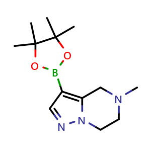 Chemical structure of 5-methyl-3-(4,4,5,5-tetramethyl-1,3,2-dioxaborolan-2-yl)-4H,5H,6H,7H-pyrazolo[1,5-a]pyrazine , CAS 2057507-40-9, AChemBlock AD246713