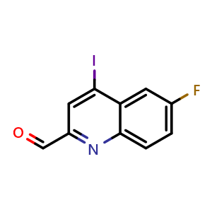 Chemical structure of 6-fluoro-4-iodoquinoline-2-carbaldehyde , CAS 3030856-30-2, AChemBlock AD246714