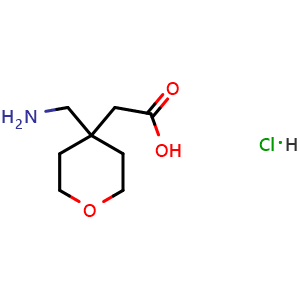 Chemical structure of 2-[4-(aminomethyl)oxan-4-yl]acetic acid hydrochloride , CAS 205827-18-5, AChemBlock AD246718