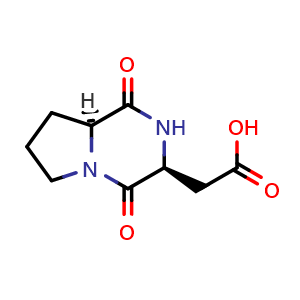 Chemical structure of 2-((3S,8aS)-1,4-dioxooctahydropyrrolo[1,2-a]pyrazin-3-yl)acetic acid , CAS 55881-16-8, AChemBlock AD246723