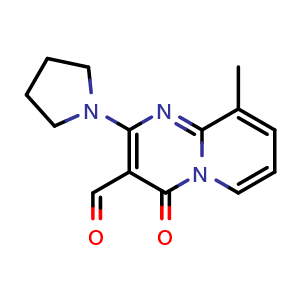 Chemical structure of 9-Methyl-4-oxo-2-pyrrolidin-1-yl-4H-pyrido[1,2-a]pyrimidine-3-carbaldehyde , CAS 433318-45-7, AChemBlock AD246745