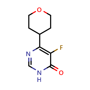 Chemical structure of 5-fluoro-6-(oxan-4-yl)-3,4-dihydropyrimidin-4-one , CAS 2415601-98-6, AChemBlock AD246747